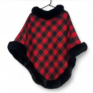 Red and Black Plaid Reversible Poncho with Faux Fur Trim